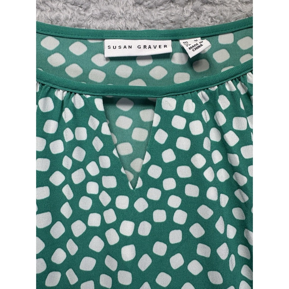 Susan Graver Medium Liquid Knit Top Green White Short Flutter Sleeves Office - Picture 5 of 9